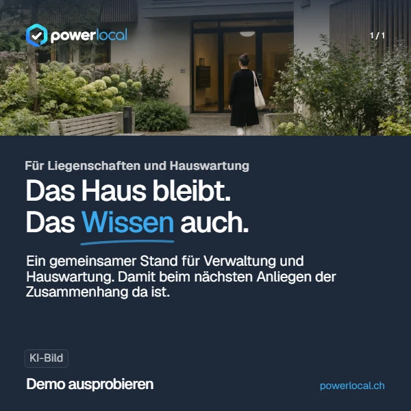 Power Local Social-Media-Bild mit dunklem Dashboard und Beispielinhalten.