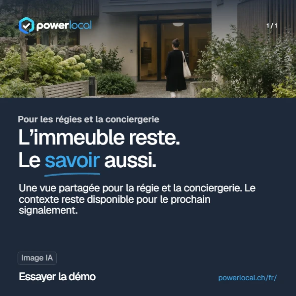 Visuel social Power Local avec tableau de bord sombre et contenu fictif.