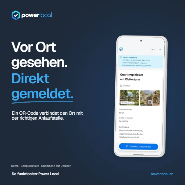 Vor Ort gesehen. Direkt gemeldet. Dunkelblaues Power Local Motiv mit einer mobilen Plattformansicht in einer Beispielumgebung.