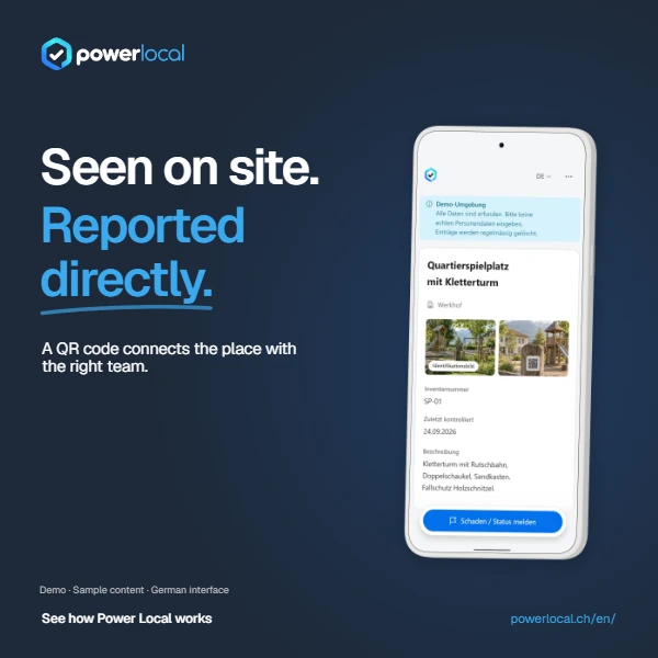 Seen on site. Reported directly. Navy Power Local artwork with a mobile view of the platform in a sample environment. The interface is in German.