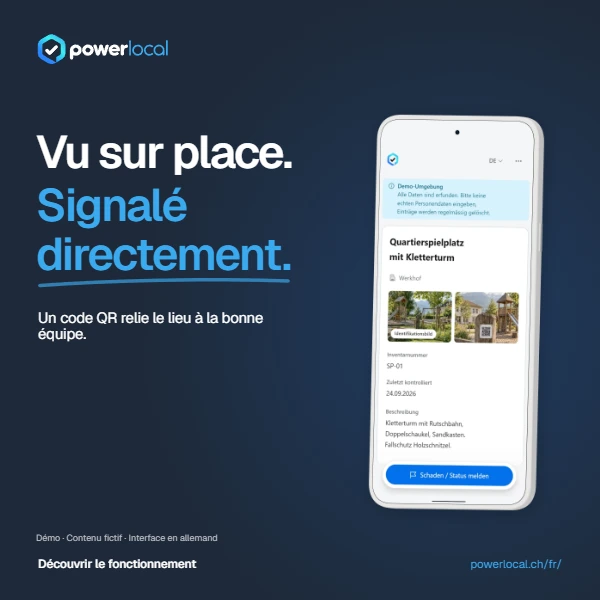 Vu sur place. Signalé directement. Visuel bleu marine Power Local avec une vue mobile de la plateforme dans un environnement de démonstration. L’interface est en allemand.