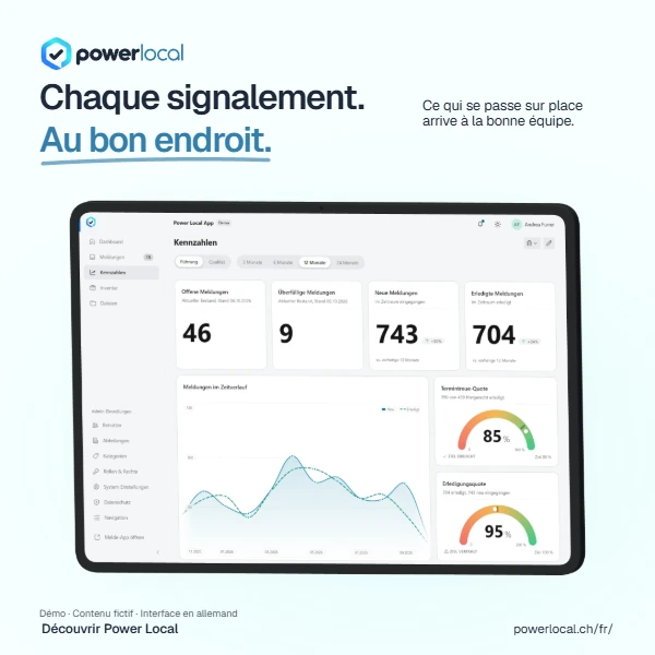Chaque signalement. Au bon endroit. Visuel clair Power Local avec une vue de la plateforme sur ordinateur dans un environnement de démonstration. L’interface est en allemand.