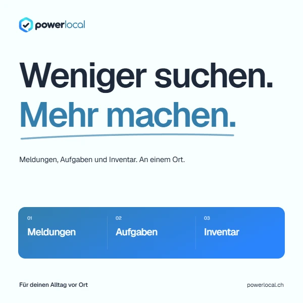 Weniger suchen. Mehr machen. Typografisches Power Local Motiv mit der Wort-Bildmarke und blauen Akzenten.