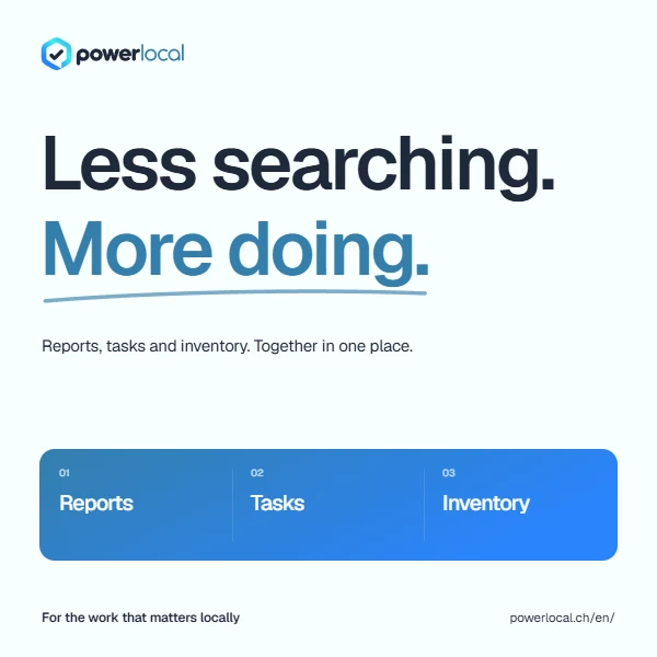 Less searching. More doing. Typographic Power Local artwork with the logo and blue accents.