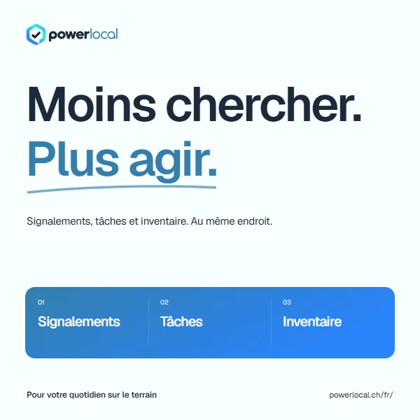 Moins chercher. Plus agir. Visuel typographique Power Local avec le logo et des accents bleus.