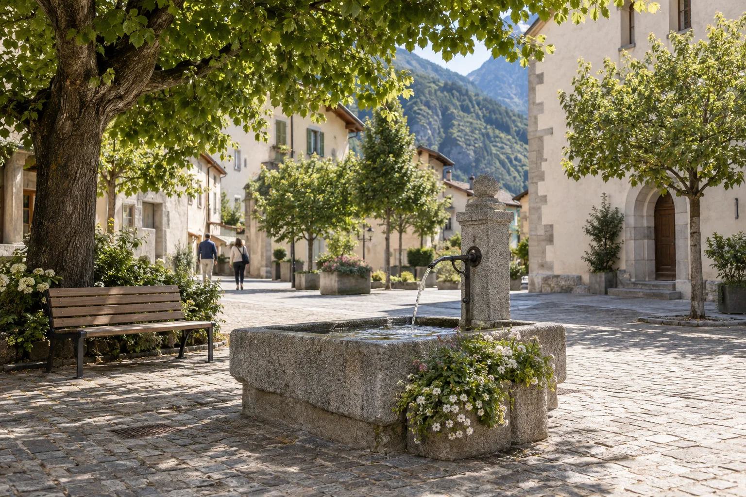 Steinbrunnen und schattige Parkbank auf einem kleinen Gemeindeplatz, mit zwei Menschen zwischen hellen Häusern im Hintergrund.