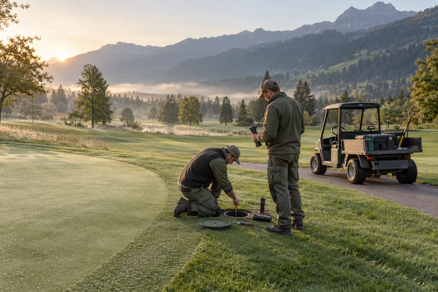 Illustrative Szene: Zwei Personen vom Greenkeeping reparieren am Rand eines Greens einen Regner; dahinter steht ein Arbeitsfahrzeug auf dem Cartweg.