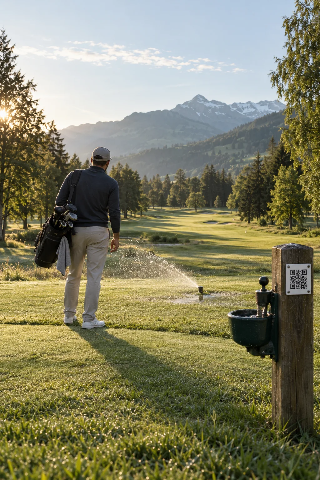 Illustrative Szene: Eine Person mit Golftasche bleibt am Abschlag stehen und schaut zu einem undichten Regner; am Holzpfosten mit dem Ballwascher hängt ein QR-Schild.