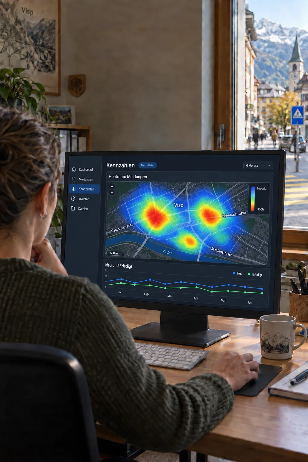 Illustrative Szene: Ein Gemeindemitarbeiter betrachtet an einem Monitor eine Heatmap mit Meldungsschwerpunkten und das Demo-Abzeichen ist sichtbar.