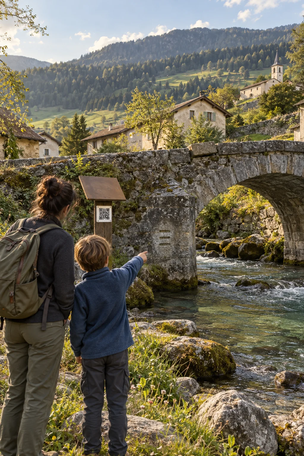 Illustrative Szene: Ein Kind entdeckt neben einer erwachsenen Person drei Wassermarken am Pfeiler einer alten Steinbrücke und zeigt darauf; am Brückenkopf steht ein QR-Schild.