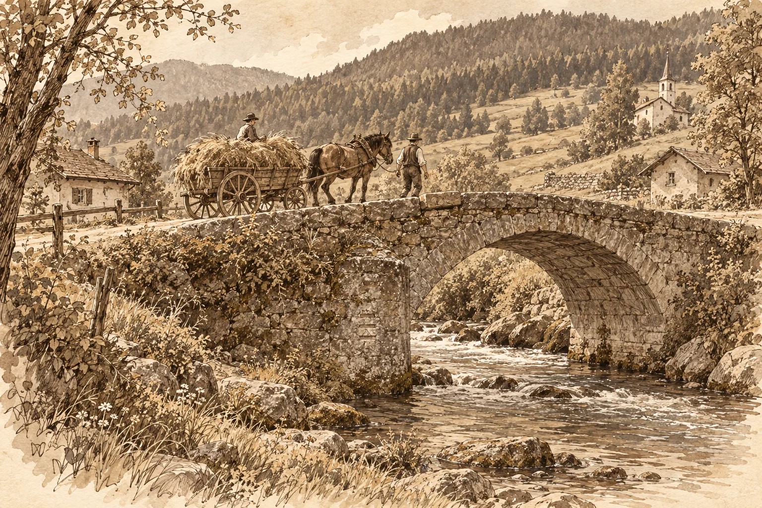Sepiazeichnung einer alten Steinbrücke: Ein Pferd zieht einen Heuwagen über den Bach, dahinter liegen Wiesen, Häuser und eine Kirche.