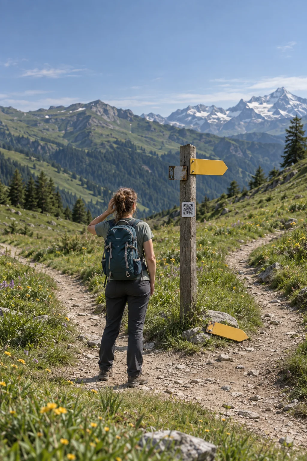 Illustrative Szene: Eine Wanderin steht vor einem Wegweiser, dessen gelber Richtungspfeil abgebrochen am Boden liegt. Am Pfosten ist ein QR-Schild angebracht.